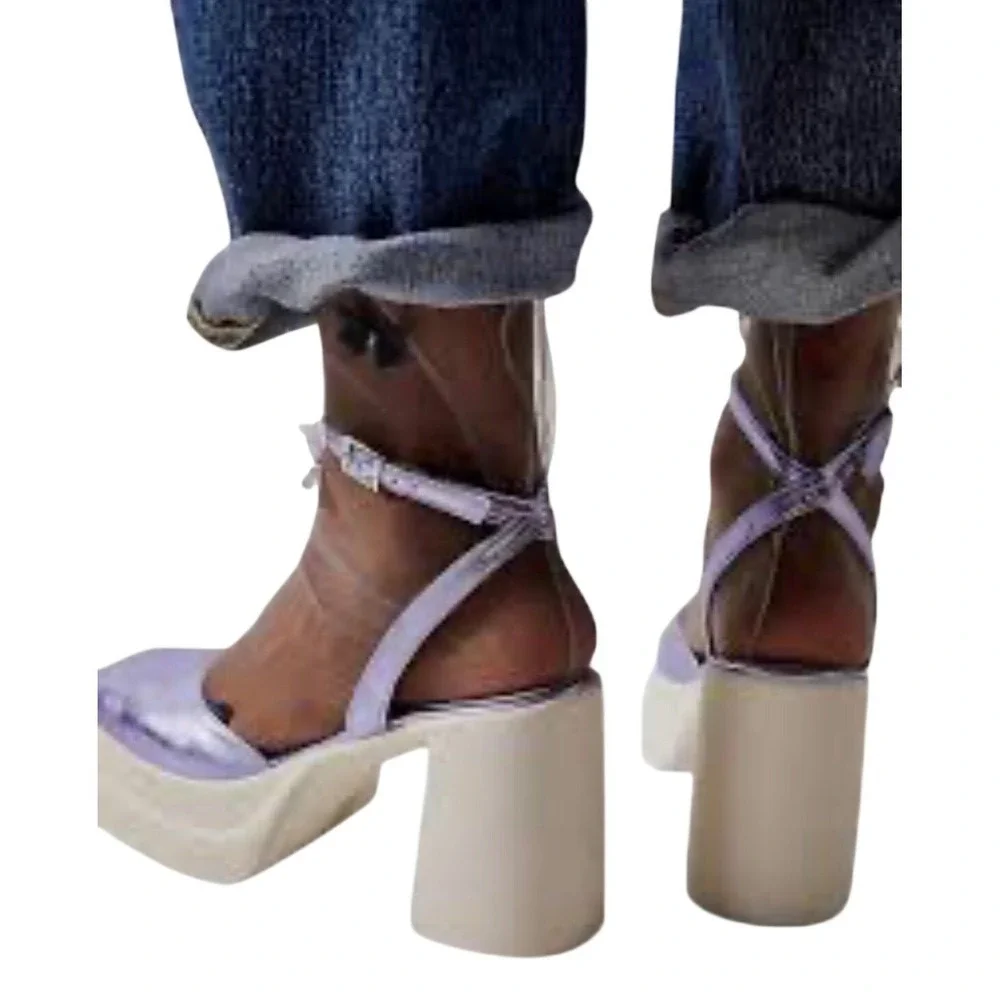 Free People Women Double Stacked Chunky Platform Leather‎ Mary Jane Purple sz 40